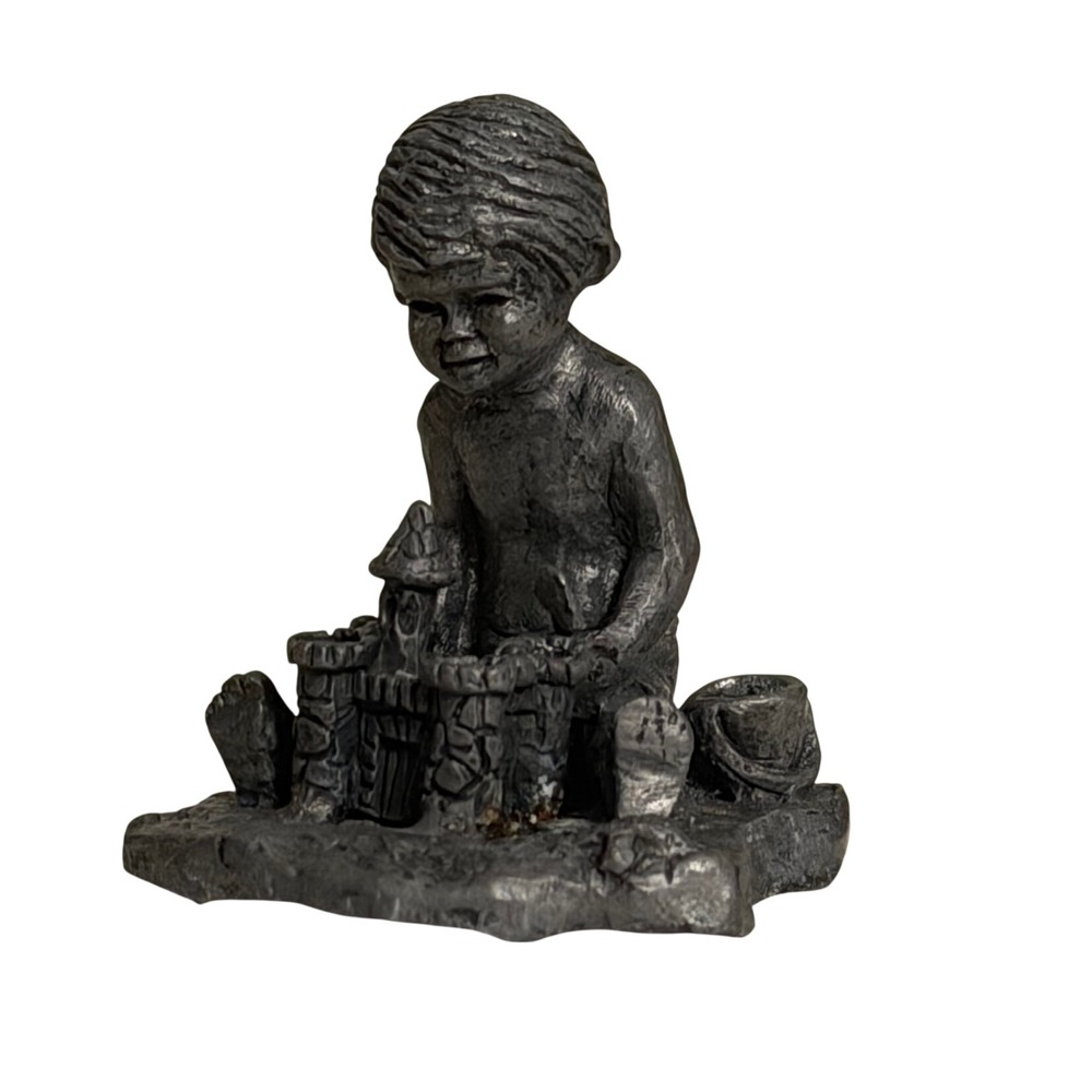 Rawcliffe Pewter Figurine Boy Sandcastle 2.25" Silver Excellent Vintage 1980